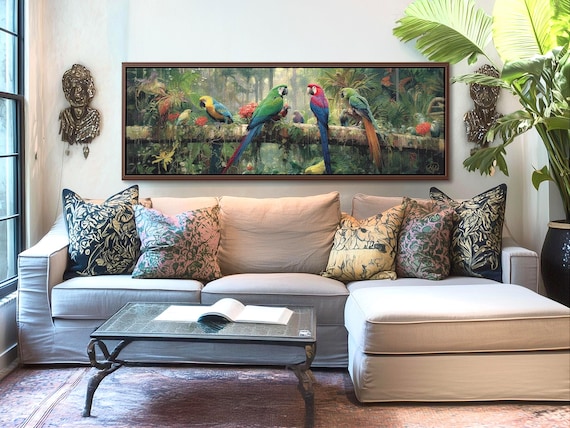 Macaws in Tropical Forest - Panoramic Canvas Wall Art