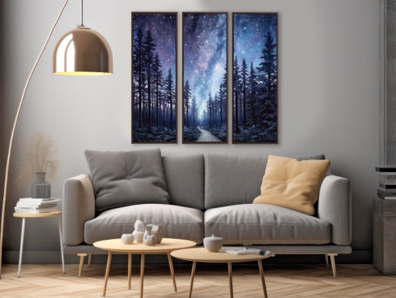Set of 3 Extra Large Woodland Wall Art - Tall Narrow Forest Canvas Triptych Above Bed Art