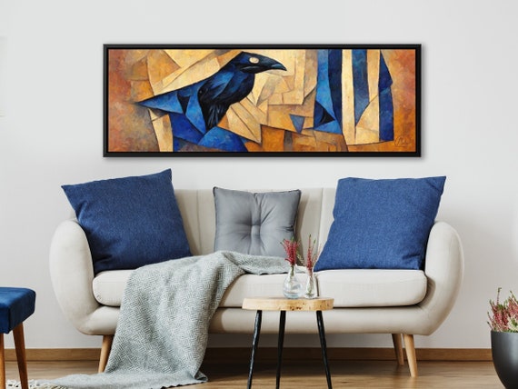 Raven Wall Art, Cubist Oil Painting On Canvas By Mela - Ready To Hang Large Wrapped Canvas Wall Art Prints With Or Without Floating Frames