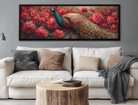 Peacock Wall Art – Panoramic Art, Large Artwork, Framed Wall Art, Canvas Art, Decorative Peacock, Maximalist Wall Art, Vintage Style Print