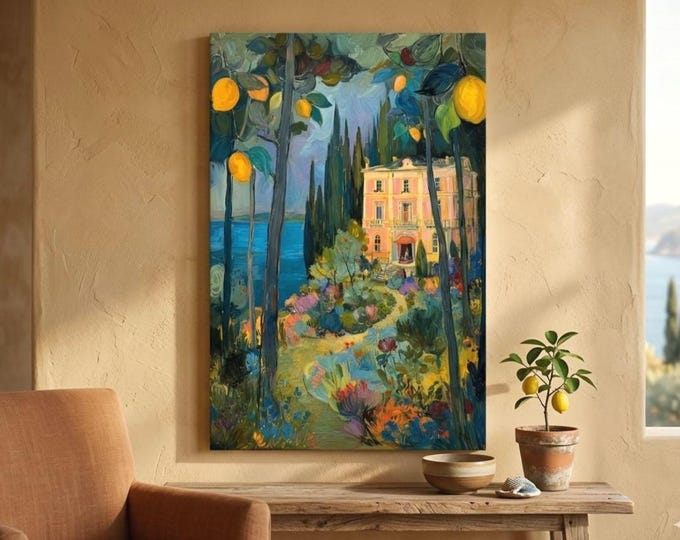 Mediterranean Pink Villa Canvas Art, Lemon Trees Sea View Print, Impressionist Painting Coastal Decor