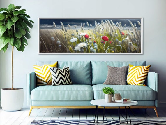 Wildflower Meadow Landscape, Oil Painting On Canvas By Mela - Large Gallery Wrapped Canvas Wall Art Prints With Or Without Floating Frames.