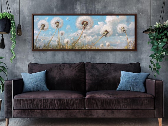 Dandelion Wall Art – Large Botanical Canvas Framed Floral Wall Art, Soft Blue Sky Art, Cottagecore Wildflower Field Airy Spring Nature Print