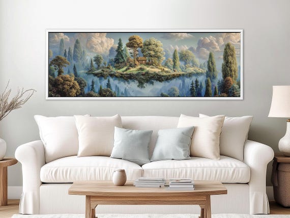 Panoramic Forest Canvas Print – Fantasy Wall Art, Cottagecore Decor, Surreal Nature Art Above Sofa