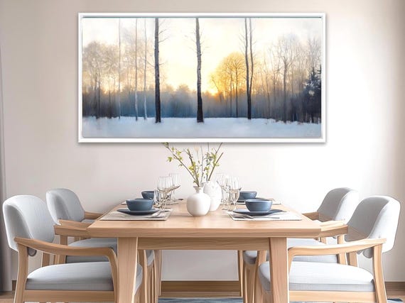 Winter Forest – Moody Wall Art, Framed Canvas, Sun Rising Over Snowy Forest, Japandi Wall Art, Panoramic Landscape, Nature-Inspired Decor