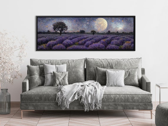 Lavender Fields At Starry Night Art, Oil Landscape Painting On Canvas By Mela - Large Canvas Wall Art Prints With Or Without Floating Frames