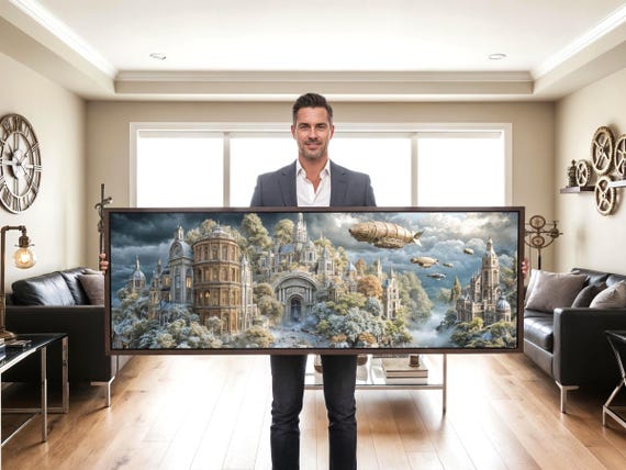 Steampunk Cityscape Canvas – Surreal Victorian Fantasy Wall Art Print