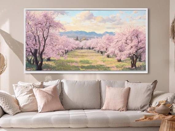 Cherry Blossom Orchard Landscape, Extra Large Wall Art, Pink Botanical Print, Nature Inspired Artwork, Framed Wall Art Wedding Gift