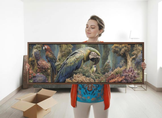 Tropical Parrots in Fantasy Jungle – Panoramic Wall Art of Exotic Macaws