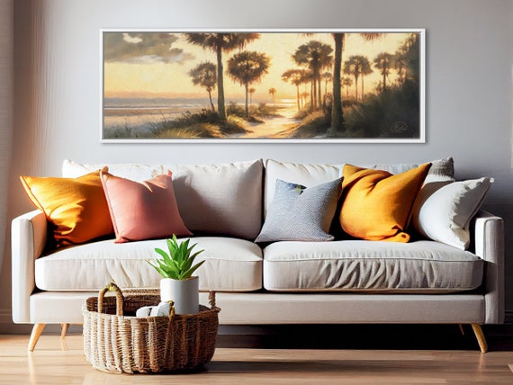 Coastal Sunset Palms: Panoramic Beach Landscape Canvas Print, Tropical Wall Art for Home Decor