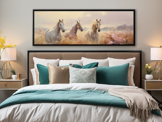 Horses On The Foggy Meadow, Unique Landscape Painting On Canvas By Mela - Large Panoramic Canvas Art Prints With Or Without Floating Frames.