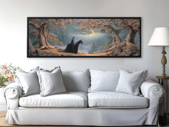 Dark Rider Black Magic Panoramic Canvas Print: Gothic Fantasy Dark Academia Wall Art
