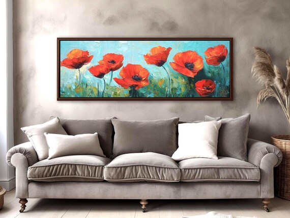 Poppy Field Wall Art – Framed Floral Canvas Print, Wildflower Landscape Painting, Rustic Modern Decor, Panoramic Bedroom Artwork