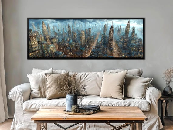 Abstract New York Skyline Wall Art – Moody Cityscape Canvas Print, Large Framed Urban Artwork, Futuristic Metropolis, Above Sofa Decor