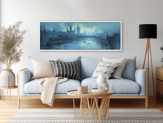 Preppy wall art: London Navy Blue Wall Art, Oil Painting On Canvas By Mela - Large Panoramic Canvas Art Prints With/Without Floating Frames.
