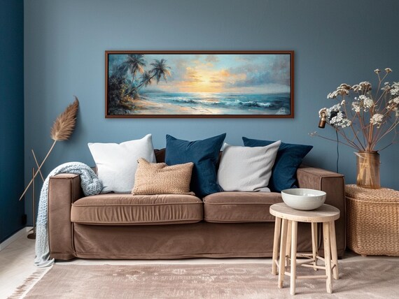 Panoramic Beach Sunset - Coastal Wall Art with Palm Trees and Ocean Waves