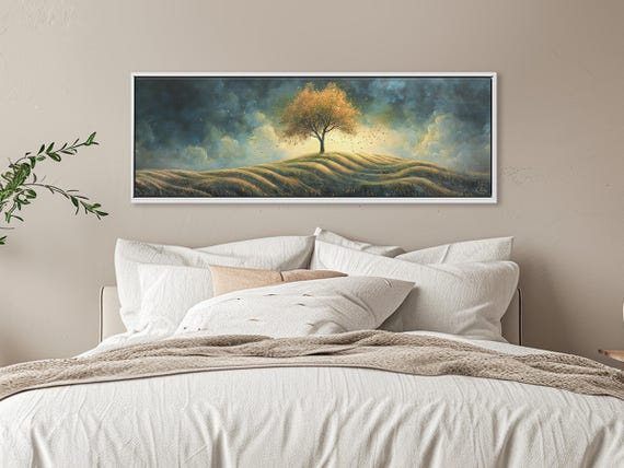 Amber Tree on Hill. Contemporary Art Canvas Print - Aesthetic Room Decor.