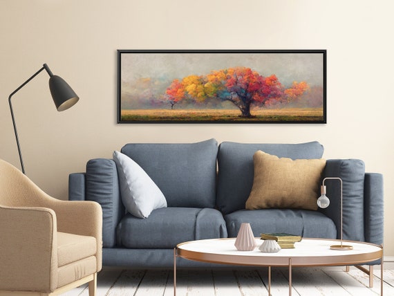 Fall Lone Tree Art, Oil Landscape Painting On Canvas By Mela - Large Gallery Wrapped Canvas Wall Art Prints With Or Without Floating Frames.