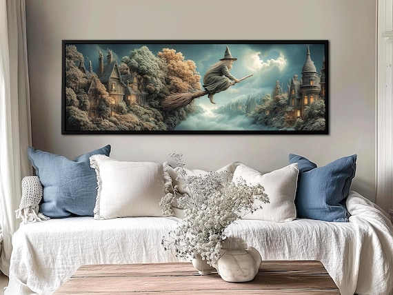 Witch Painting Panoramic Wall Art – Baba Yaga Black Magic Print, Dark Cottagecore & Whimsigoth Witch Decor, Spooky Witch Art