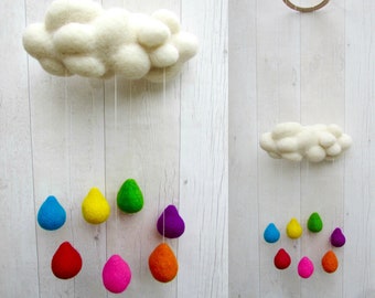 Bright Rainbow Cloud Baby Mobile. Unique needle felted Nursery Decor or new baby gift