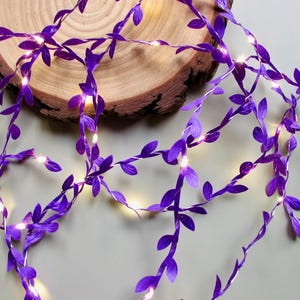 Purple Fairy Lights, Olive leaf vine boho garland. Battery string lights, table decorations. Woodland wedding party, bedroom, centrepiece