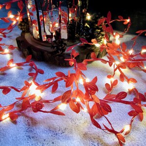Peut inclure: Une guirlande décorative composée de feuilles rouges entrelacées avec de petites lumières LED blanc chaud. Le cordon en forme de vigne présente de nombreuses feuilles rouges individuelles disposées en un motif fluide autour d'une lanterne.
