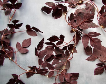 Dark plum noir leaf Fairy Lights. Gothic Halloween garland string lights. Holiday Fireplace Mantel Decoration, Fall decor table centrepiece