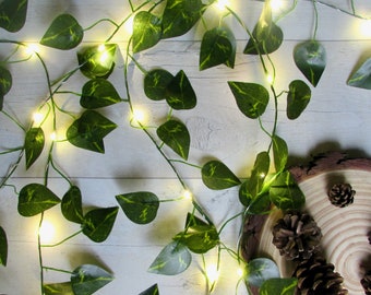 Ivy leaf fairy lights up to 10m. Green leaf string lights. Greenery garland bunting Christmas decoration. Wedding decor woodland centrepiece