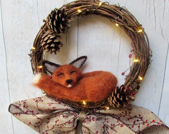 Rustic Autumn Wreath with Fox, lights, Woodland decor,  Grapevine Fall Wreath, woodland animals, nature wildlife gift, british wildlife uk
