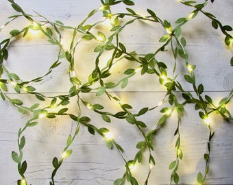 Green Leaf Vine garland string lights, boho rustic fairy lights. battery, usb plug, remote control lit bunting. Wedding decor. christmas