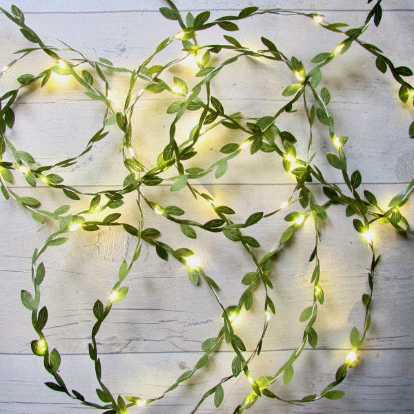 Green Leaf Vine garland string lights, boho rustic fairy lights. battery, usb plug, remote control lit bunting. Wedding decor. christmas