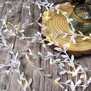 May include: White fairy lights with small white leaves strung along the wire. The lights are wrapped around a wooden slice and a glass jar.