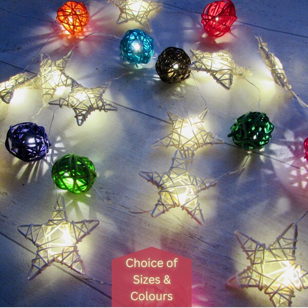 Rainbow star fairy lights. Easter, birthday party, christmas LED string lights of rattan willow star & pom pom ball ornaments. Fairycore