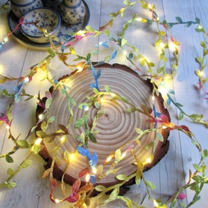 Fairy lights of Rainbow leaf garland. String light table centrepiece decoration. Woodland wedding party decor, LED battery usb plug in mains
