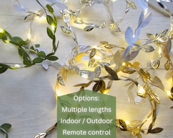 Green, Silver or Gold Vine leaf garland string lights, battery operated fairy lights. mini leaves ivy bunting. Christmas holiday decoration