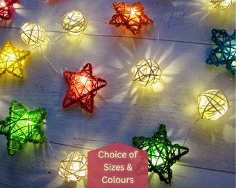 Rainbow star fairy lights. Easter, birthday party, christmas LED string lights of rattan willow star & pom pom ball ornaments. Fairycore