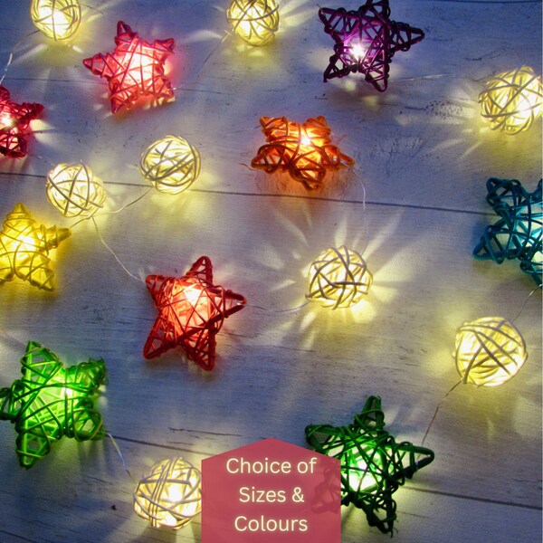 Rainbow star fairy lights. Easter, birthday party, christmas LED string lights of rattan willow star & pom pom ball ornaments. Fairycore