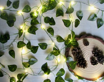 Ivy leaf fairy lights. Battery string lights, usb mains, remote control. Boho wedding & home decor. Pothos Philodendron greenery bunting