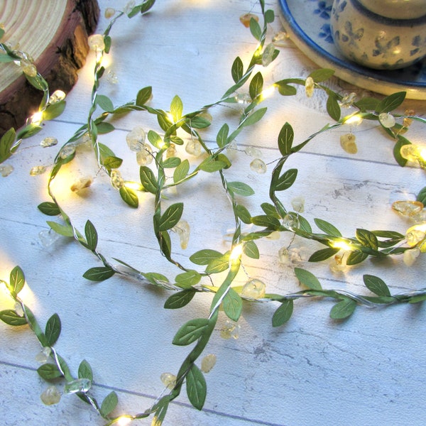 Citrine & Olive Leaf vine fairy lights. Battery LED gemstone string lights. Boho wedding home decor. Bedroom Dining table party decorations