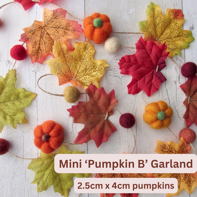 May include: A decorative garland featuring artificial autumn leaves in shades of red, orange, and yellow, interspersed with felted wool pumpkins and small felt balls. The text on the image reads Mini 'Pumpkin B' Garland and 2.5cm x 4cm pumpkins.