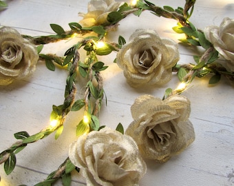 Flower garland string lights. Rustic boho floral fairy lights bunting with gold roses, leaves. Spring wedding party, Summer home decor gift