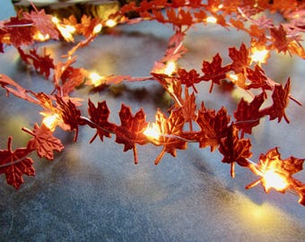 Burnt orange Maple Leaf Fairy lights. Autumn Home Decor. Fall decor string lights garland Fall table decor lighting fall wedding centerpiece