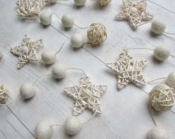 Wicker Star Pom pom Garland. Rattan stars felt ball bunting. Traditional Xmas Star ornaments, Holiday home decor. Christmas decoration uk