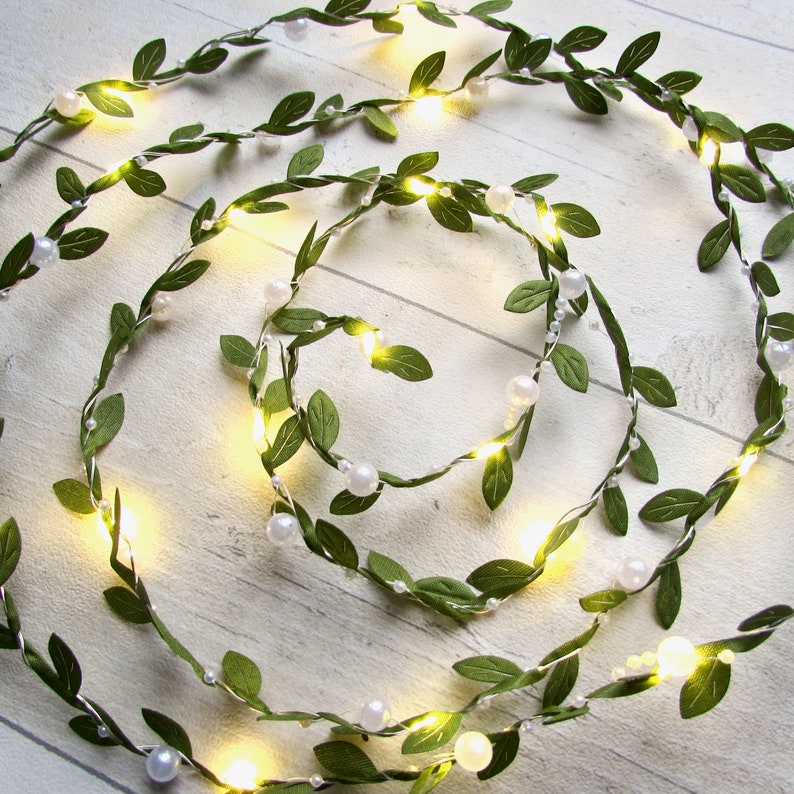 Pearl & leaf fairy lights. Vine leaves greenery garland. Battery string lights. Boho wedding home decor. Bedroom Dining table party lighting image 8