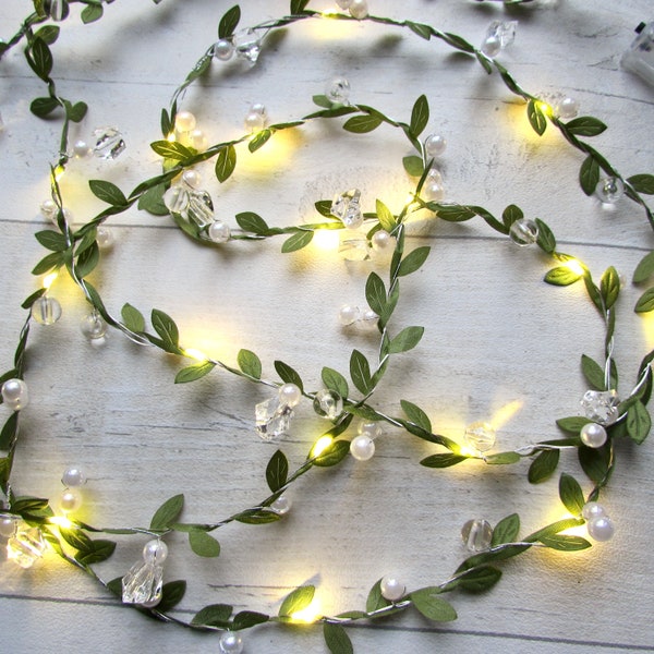 Crystal & Pearl Leaf fairy lights. Faux Pearl bead. Battery LED string lights. Boho bedroom, wedding table, home decor, tea party decoration