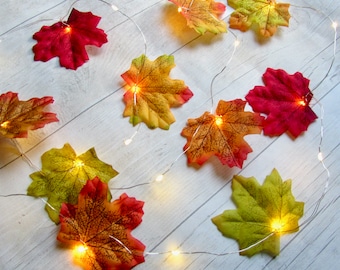 Autumn Garland of String Lights & Fall Maple Leaves. Fairy Lights. Rustic bunting. Wedding party halloween xmas table centerpiece decoration