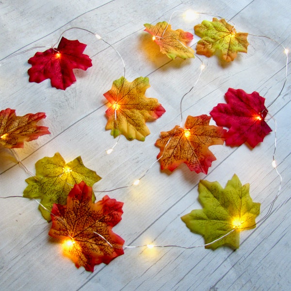 Autumn Garland of String Lights & Fall Maple Leaves. Fairy Lights. Rustic fall bunting. Wedding party halloween thanksgiving xmas decoration