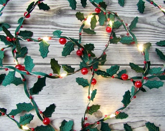 Mini Holly Fairy Lights. Christmas decoration, LED string lights Holly leaf & red berries. Traditional midcentury retro xmas party decor
