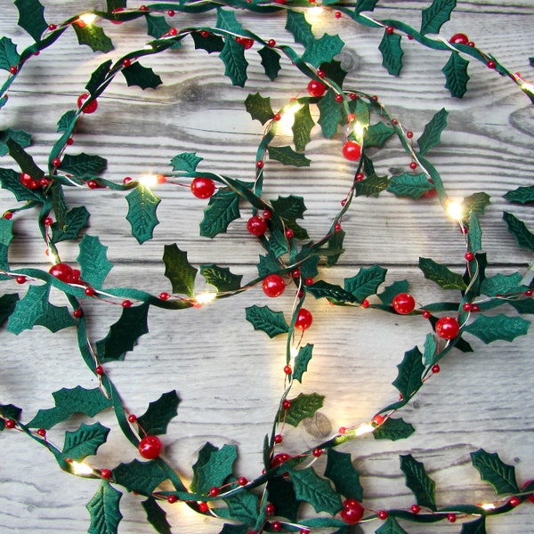 Mini Holly Fairy Lights. Christmas decoration, LED string lights Holly leaf & red berries. Traditional midcentury retro xmas party decor