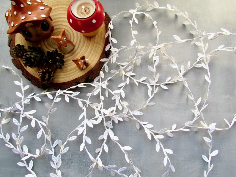 White string lights. Rustic fairy lights. Leaf garland bunting, Farmhouse home decor, Christmas decor, Cottagecore winter table decoration image 3